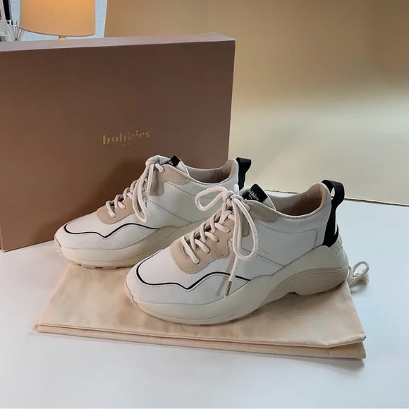 NEW • BOBBIES PARIS Beige and Black Leather Sneakers - Picture 6 of 16